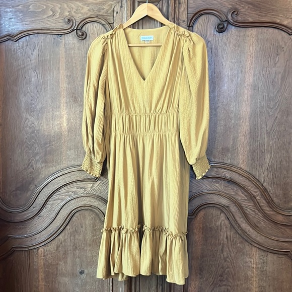 Calvin Klein Dresses & Skirts - Calvin Klein V Neck Dress Midi Ochre Peasant Women's size 8